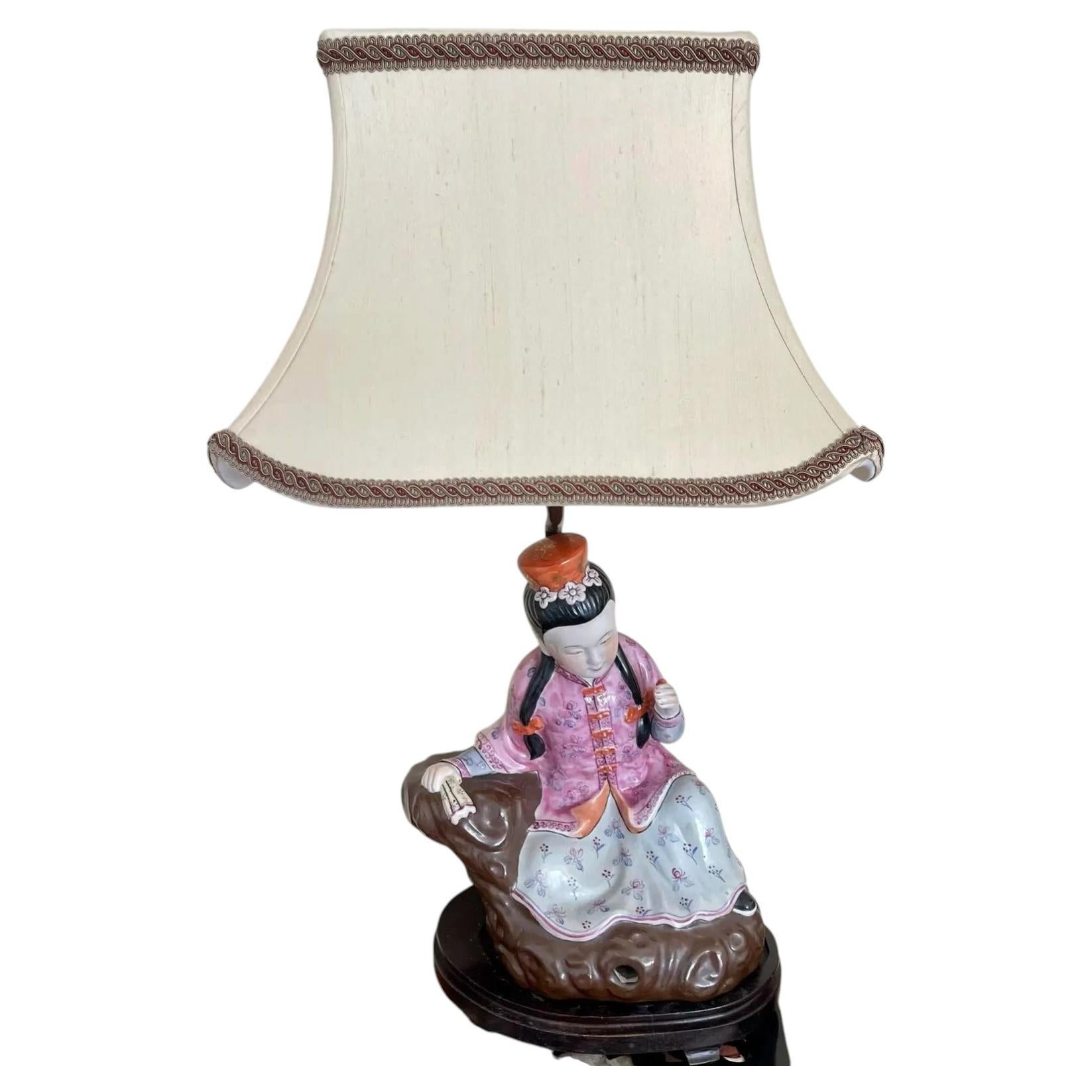 Antique Chinese Ching Dynasty Seated Famille Rose Figurine Designer Table Lamp For Sale