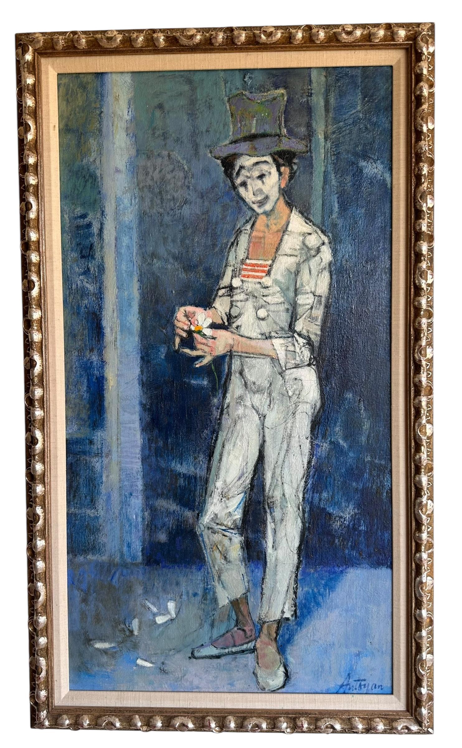 Mid Century Modern Kero Antoyan Abstrakt Modernist Clown Ölgemälde.