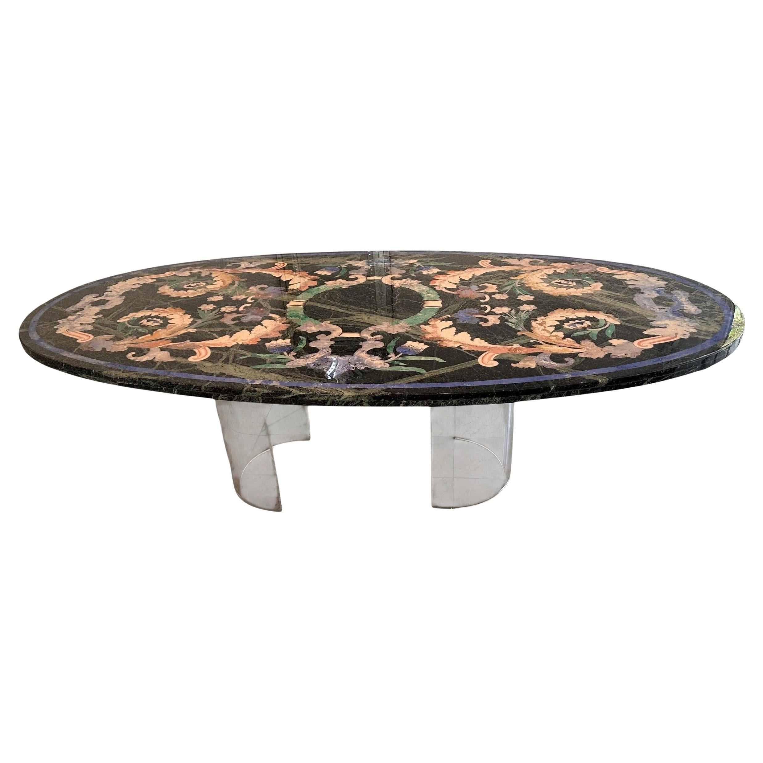 Grand Venetian Pietra Dura Oval Dining Table W Modern Lucite Base For Sale