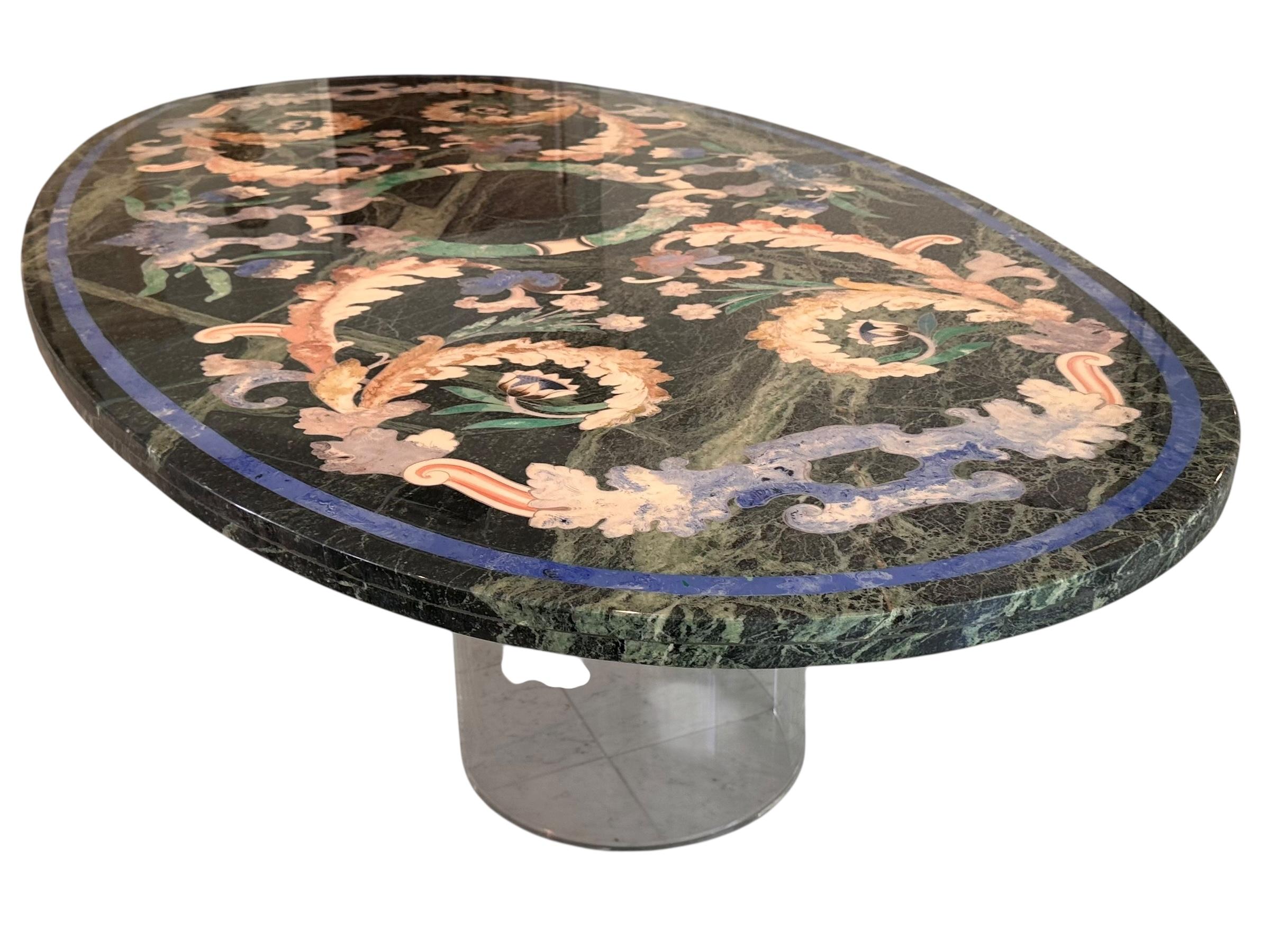 Rococo Grand Venetian Pietra Dura Oval Dining Table W Modern Lucite Base For Sale
