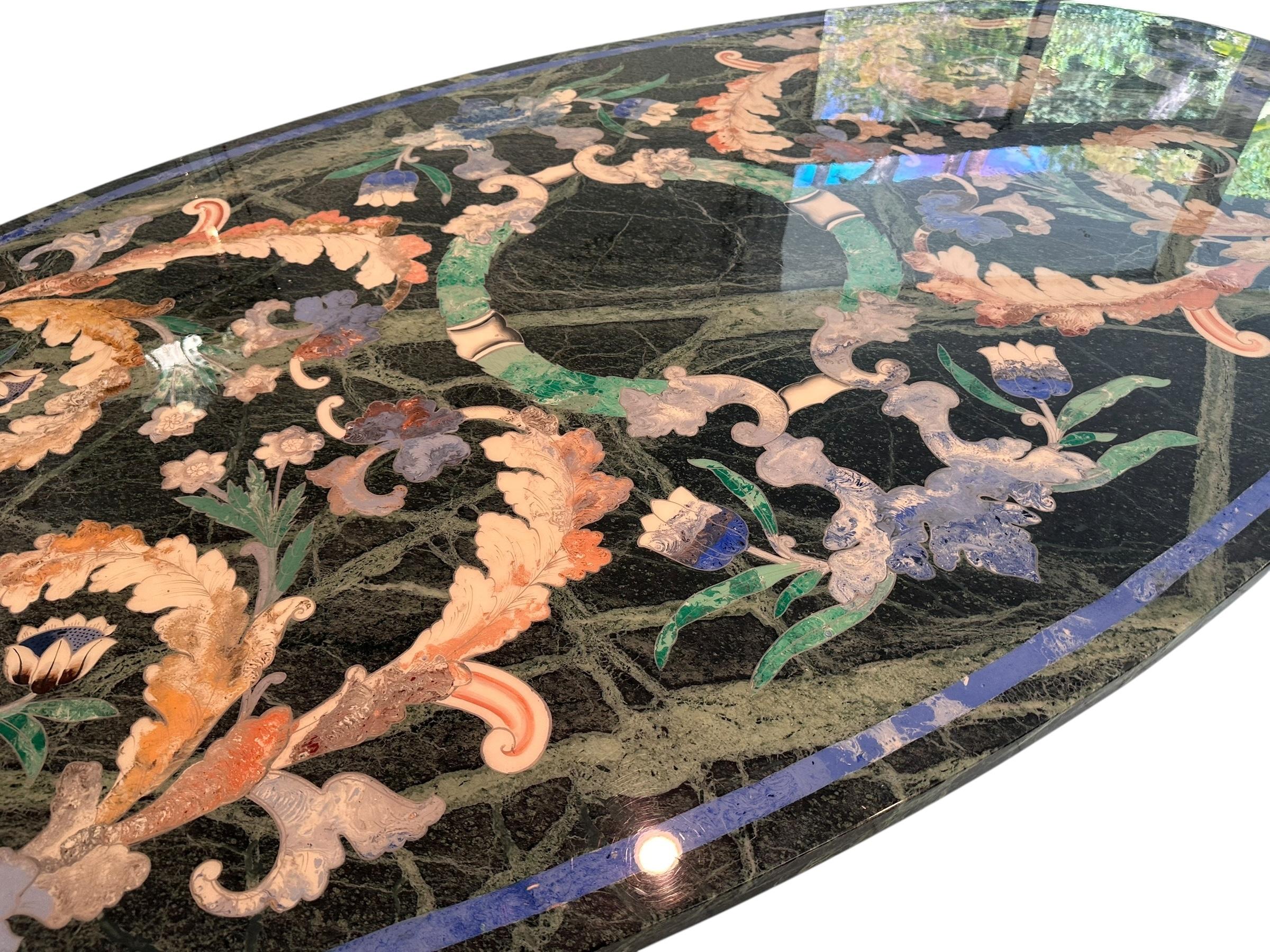 Grand Venetian Pietra Dura Oval Dining Table W Modern Lucite Base In Good Condition For Sale In LOS ANGELES, CA