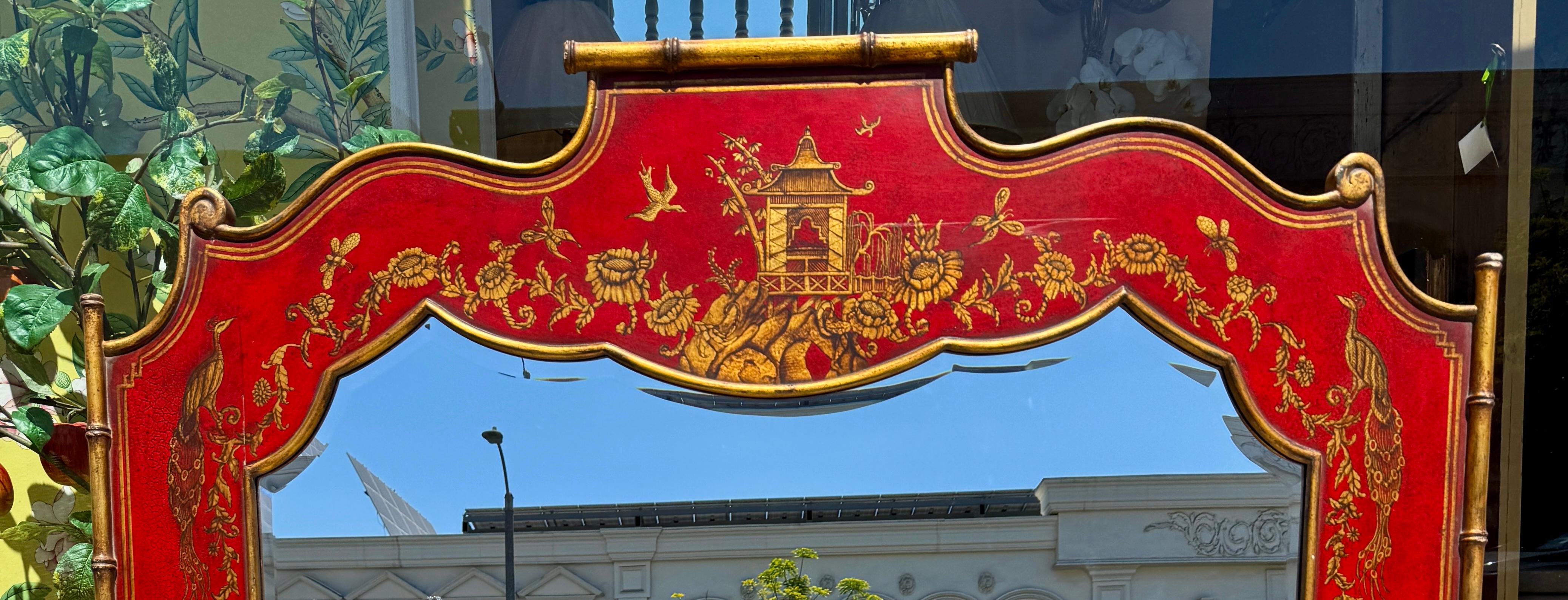 American Georgian Style Red & Gold Chinoiserie Decorated Beveled Mirror For Sale