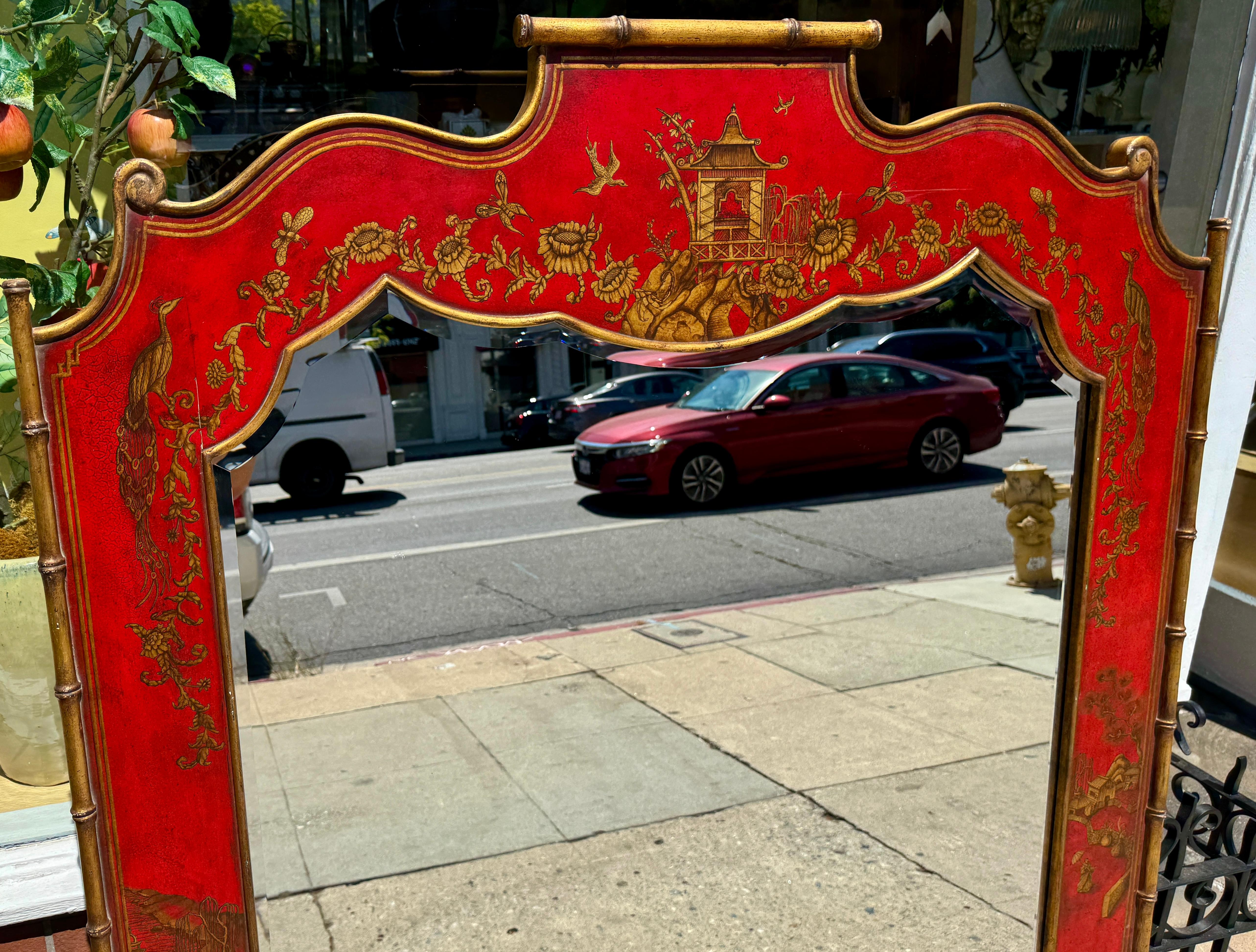 Contemporary Georgian Style Red & Gold Chinoiserie Decorated Beveled Mirror For Sale