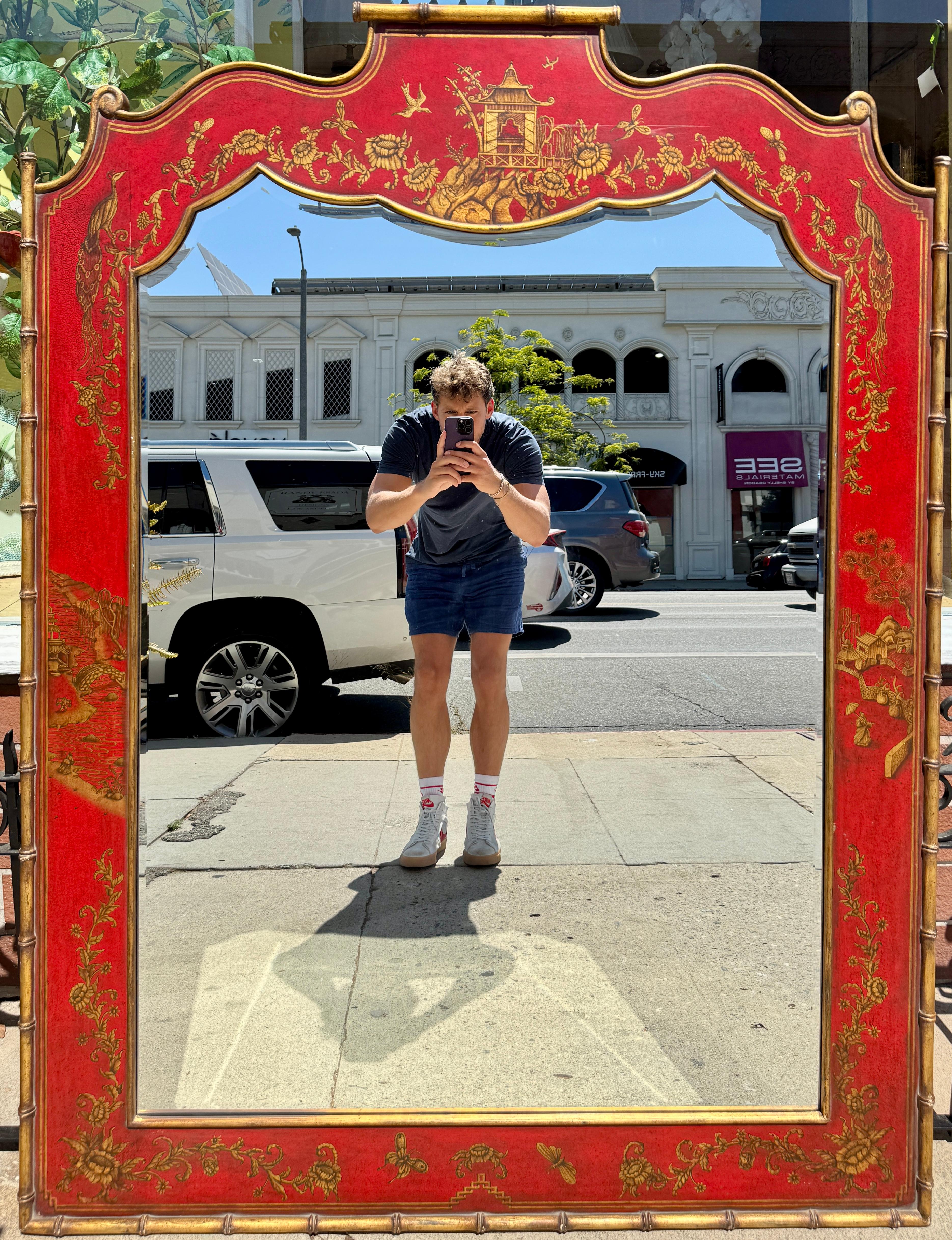 Georgian Style Red & Gold Chinoiserie Decorated Beveled Mirror For Sale 1