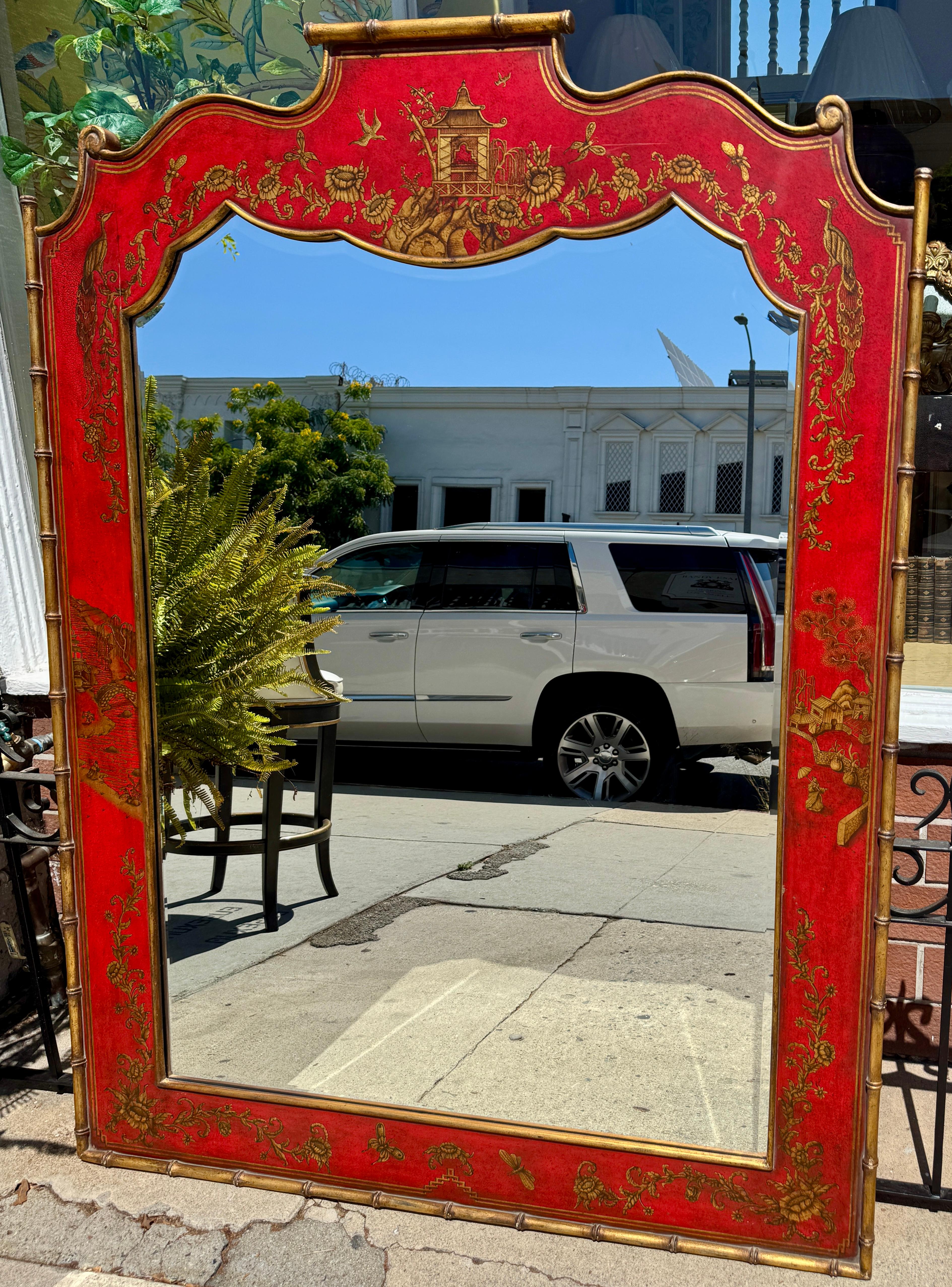 Georgian Style Red & Gold Chinoiserie Decorated Beveled Mirror For Sale 2