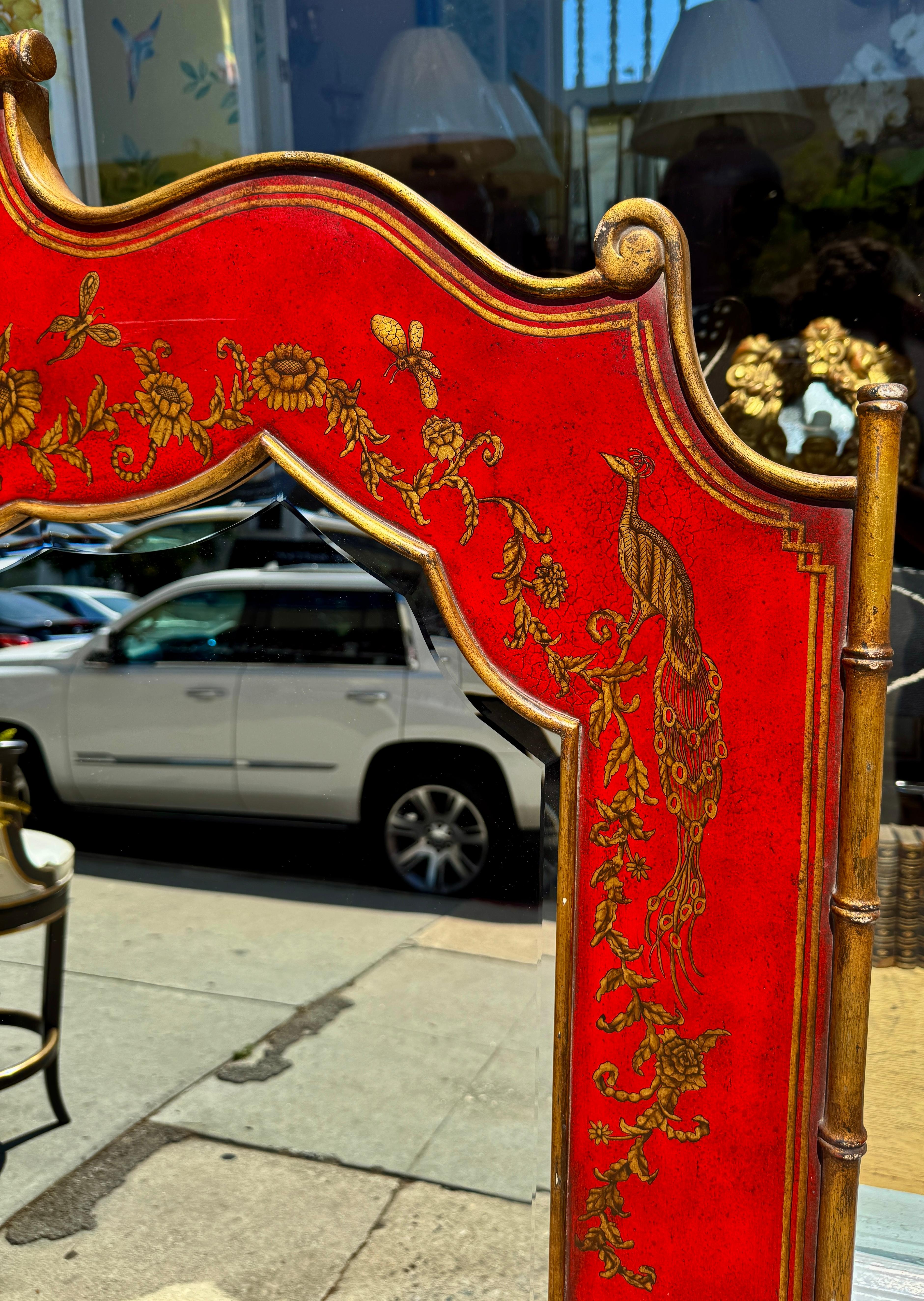 Georgian Style Red & Gold Chinoiserie Decorated Beveled Mirror For Sale 3