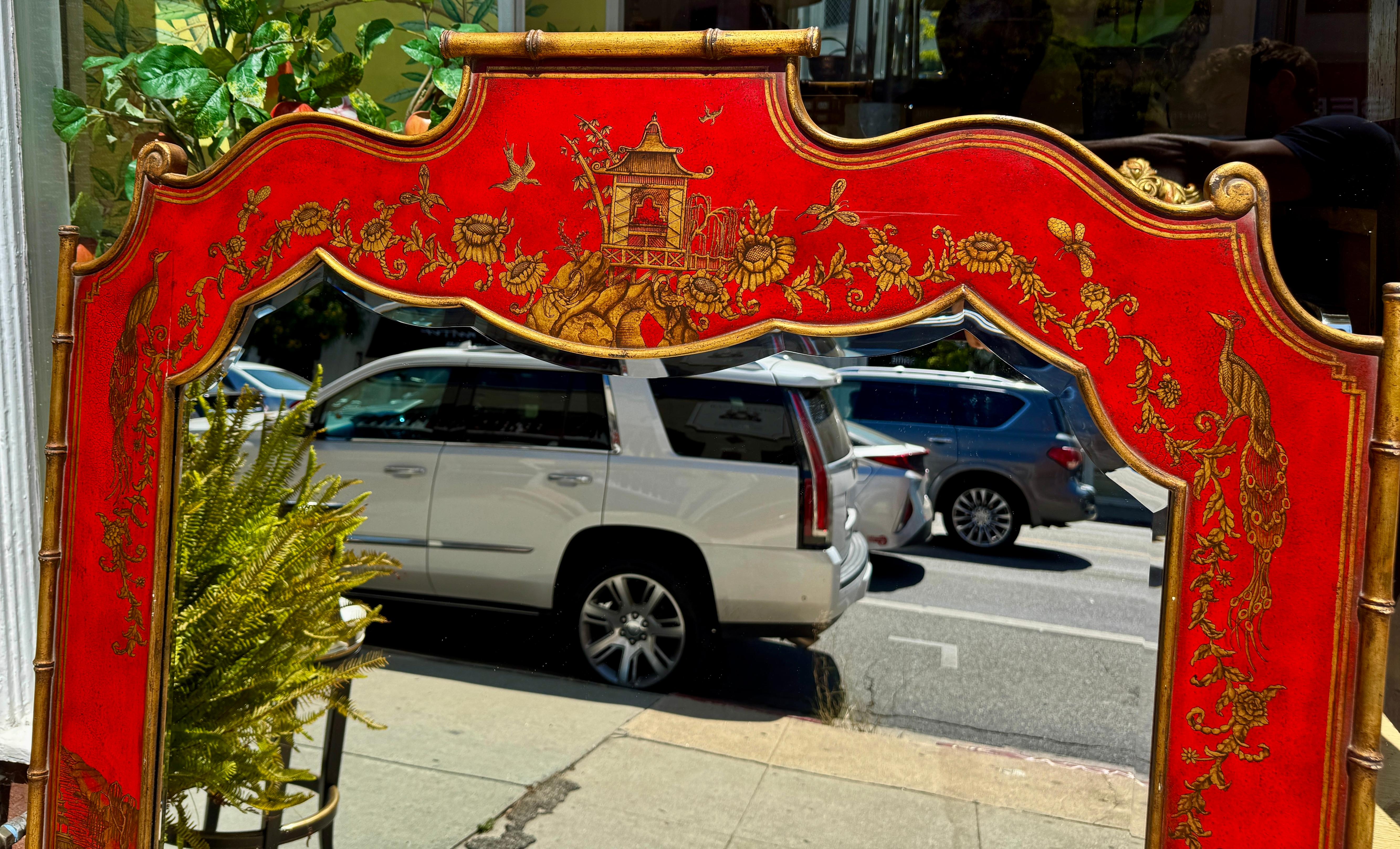Georgian Style Red & Gold Chinoiserie Decorated Beveled Mirror For Sale 4