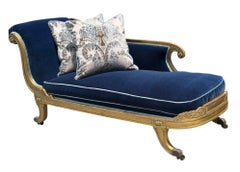 Antique 18th C Louis XVI Giltwood Chaise Fainting Couch - Sapphire Blue Mohair