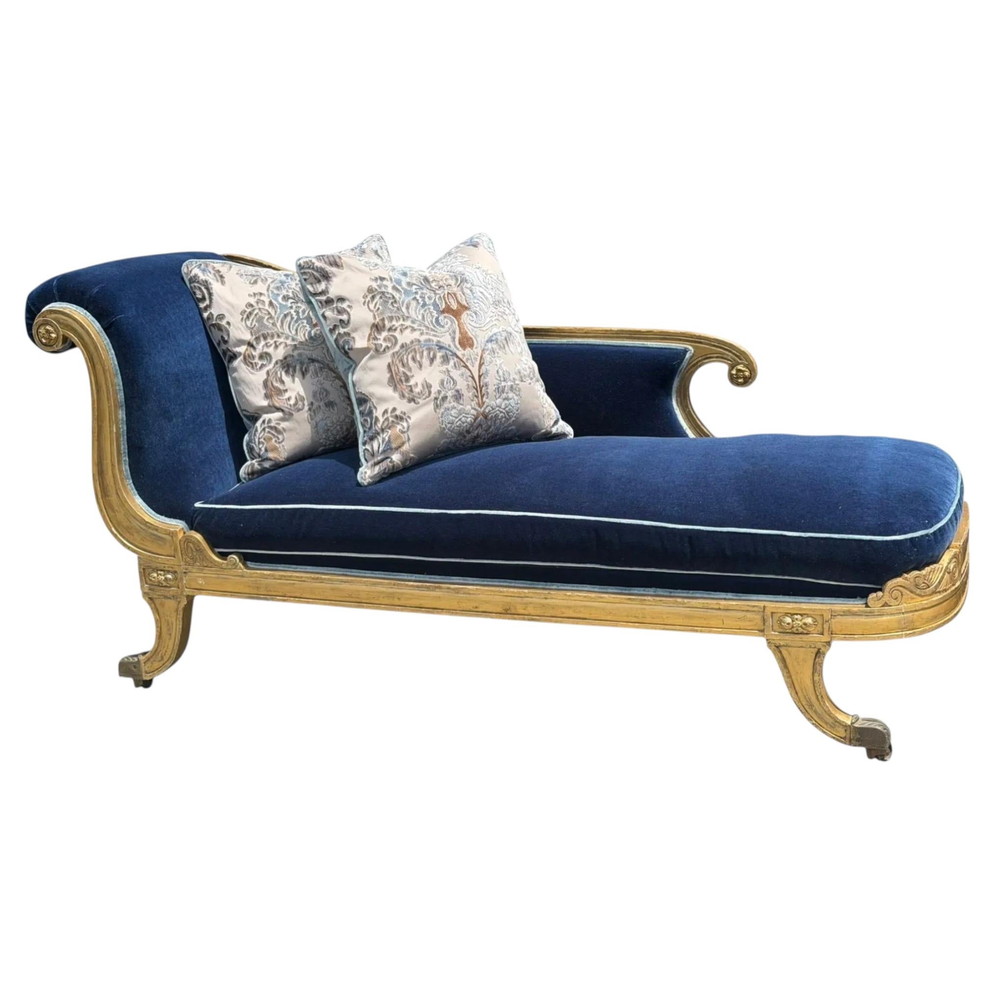 Antique 18th C Louis XVI Giltwood Chaise Fainting Couch - Sapphire Blue Mohair