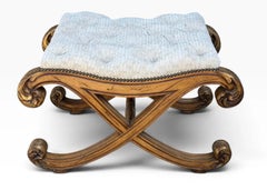 18c Style Regency Giltwood & Tufted Cut Velvet Footstool Ottoman X Bench