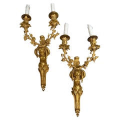 Pair of Antique 19c French Gilt Bronze Cherubic Light Sconces