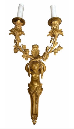 Pair of Antique 19c French Gilt Bronze Cherubic Light Sconces