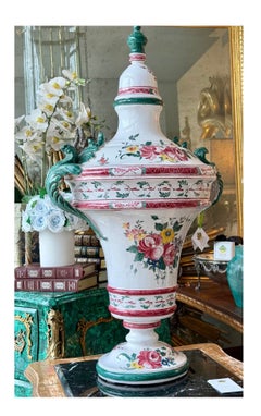 1 of 2 Huge Vintage Faience Pottery Covered Urn