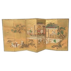 Antique Japanese Six Panel Room Divider Floor Screen