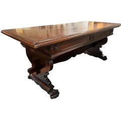 Antique Italian Carved Walnut Trestle Library Dining or Writing Table - Paw Feet
