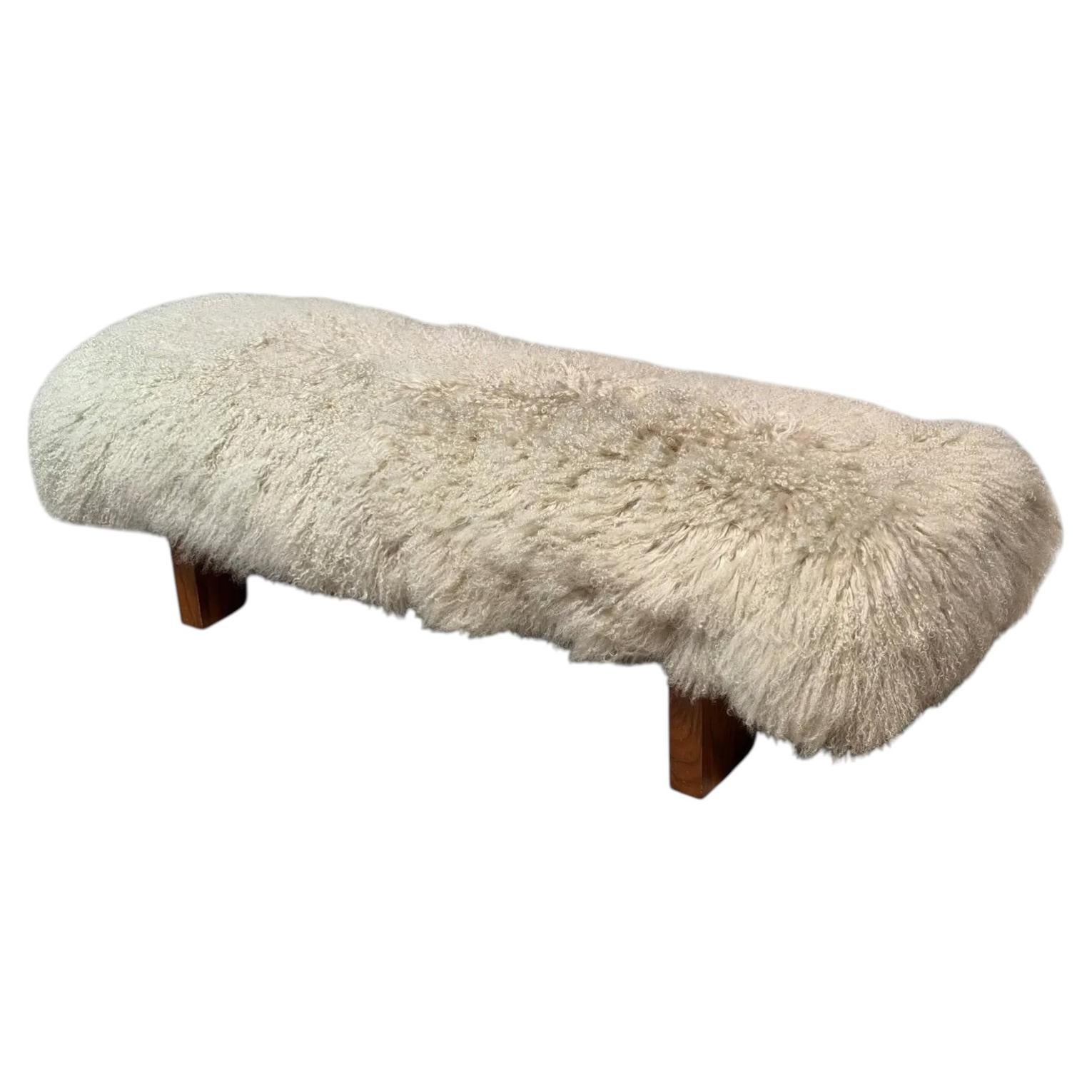 Mid Century Modern Sheepskin Upholstered Bench For Sale