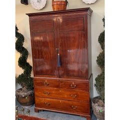 Antique 18c Flame Mahogany Inlaid Linen Press Armoire Cupboard