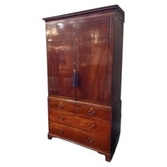 Antique 18c Flame Mahogany Inlaid Linen Press Armoire Cupboard