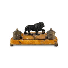 Antique French Bronze & Sienna Marble Encrier Inkwell W Lion Sculpture