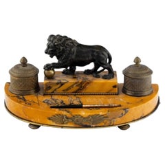 Antique French Bronze & Sienna Marble Encrier Inkwell W Lion Sculpture