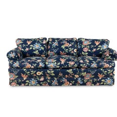 Scalamandre Navy Blue Chintz Upholstered Down Filled Roll Arm Sofa