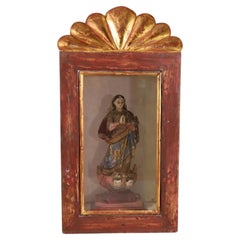 Antique Italian Polychrome Santos Figure in Red & Gold Reliquary