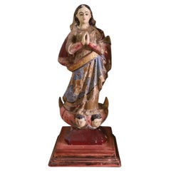 Antique Italian Polychrome Santos Figure in Red & Gold Reliquary