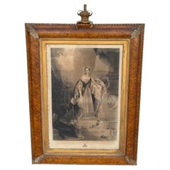 Huge Antique Queen Victoria Coronation Engraving Print in Royal Crown Frame