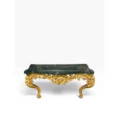Mesa consola rococó francesa de estilo del siglo XVIII, de madera dorada, con tablero de mármol