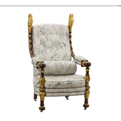 Huge Palace Throne Arm Chair W Carved Swan Head Finials on Block & Ball Arm Rest