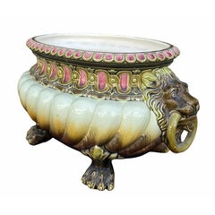 Antique Art Nouveau Lion Head Majolica Pottery Jardiniere by Julius Dressler