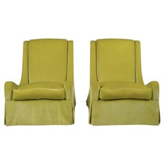 Pair of Modern Chartreuse Velvet Swivel Down Slipper Chairs