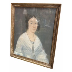 Antique Biedermeier Portrait Painting of a Lady in Blue Dress