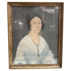 Antique Biedermeier Portrait Painting of a Lady in Blue Dress