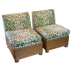 Ein Paar „Mid Century Modern“-Pantoffeln aus Pencil-Reed-Rattan und „Green Rose Cumming Leopard“