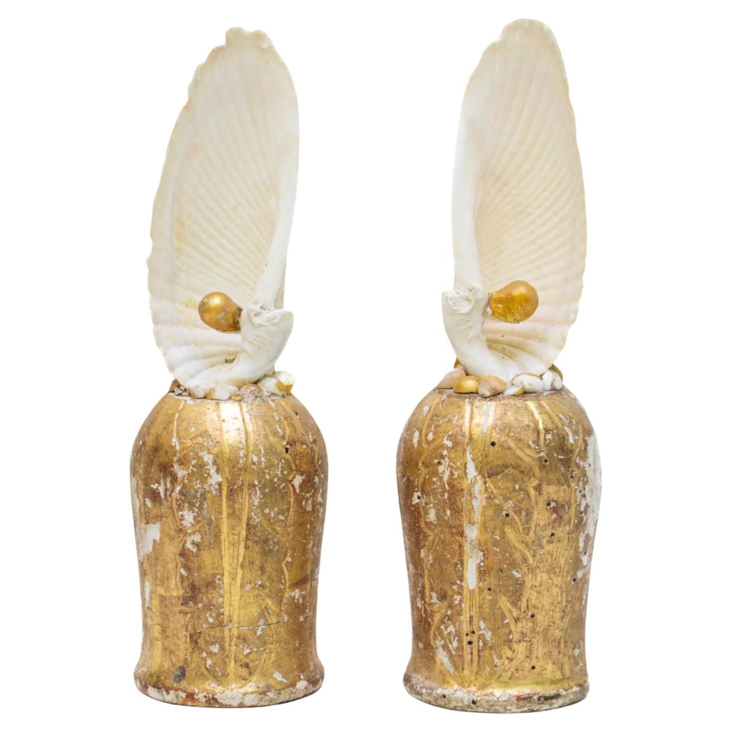 Pair of 18th Century Italian Gilded Bases with Angel Wing Shells and Pearls For Sale