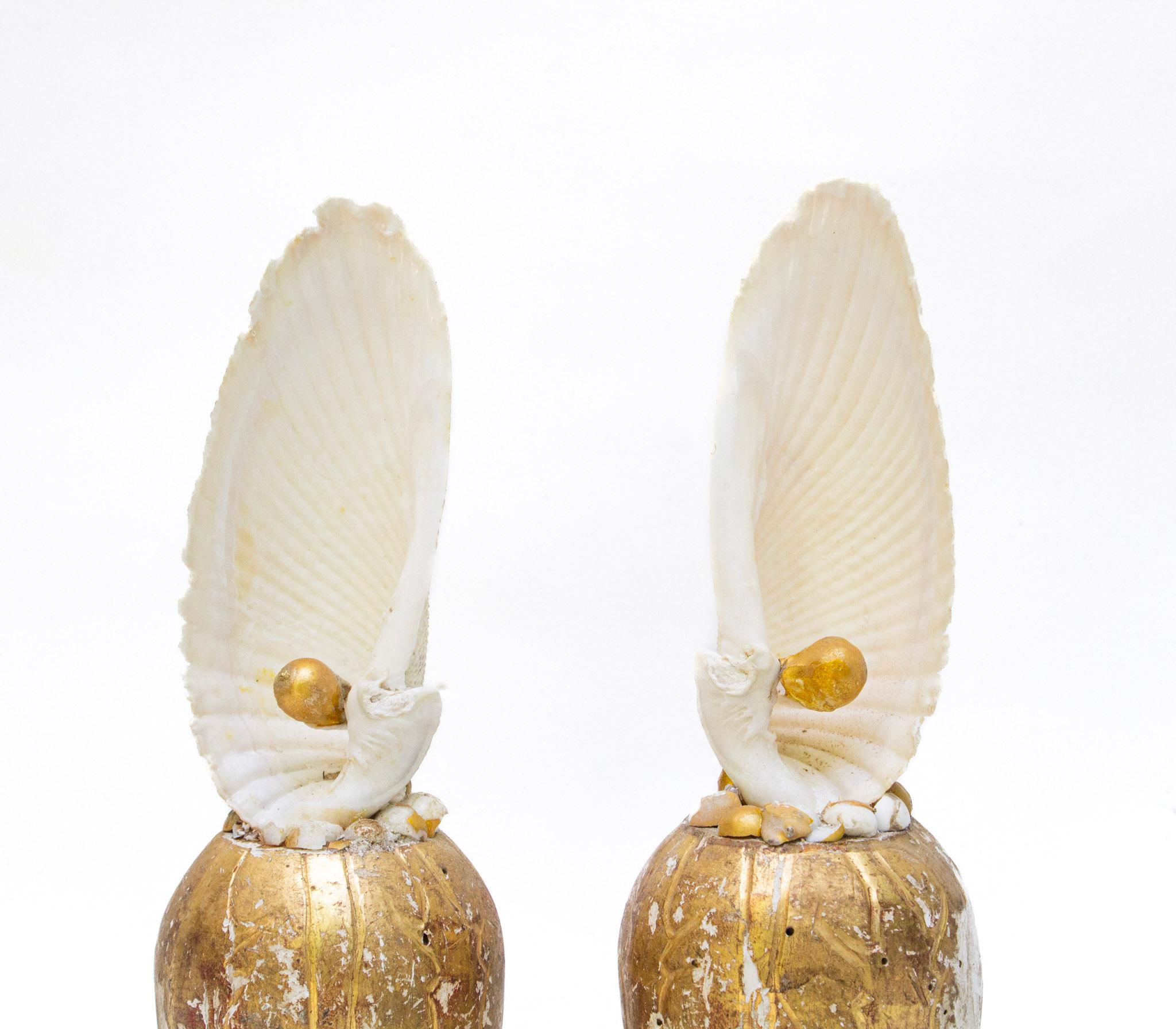 Rococo Pair of 18th Century Italian Gilded Bases with Angel Wing Shells and Pearls For Sale