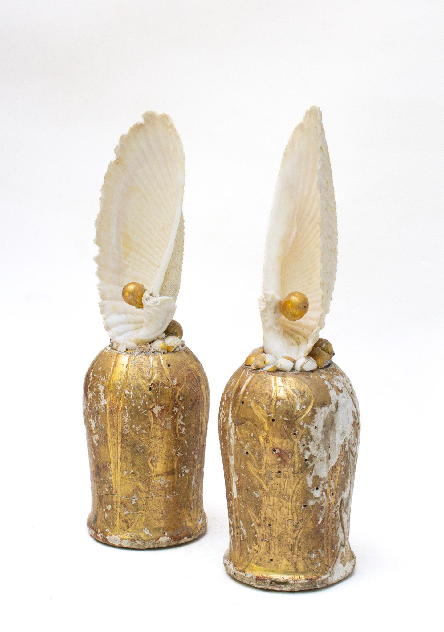 Gold Leaf Pair of 18th Century Italian Gilded Bases with Angel Wing Shells and Pearls For Sale