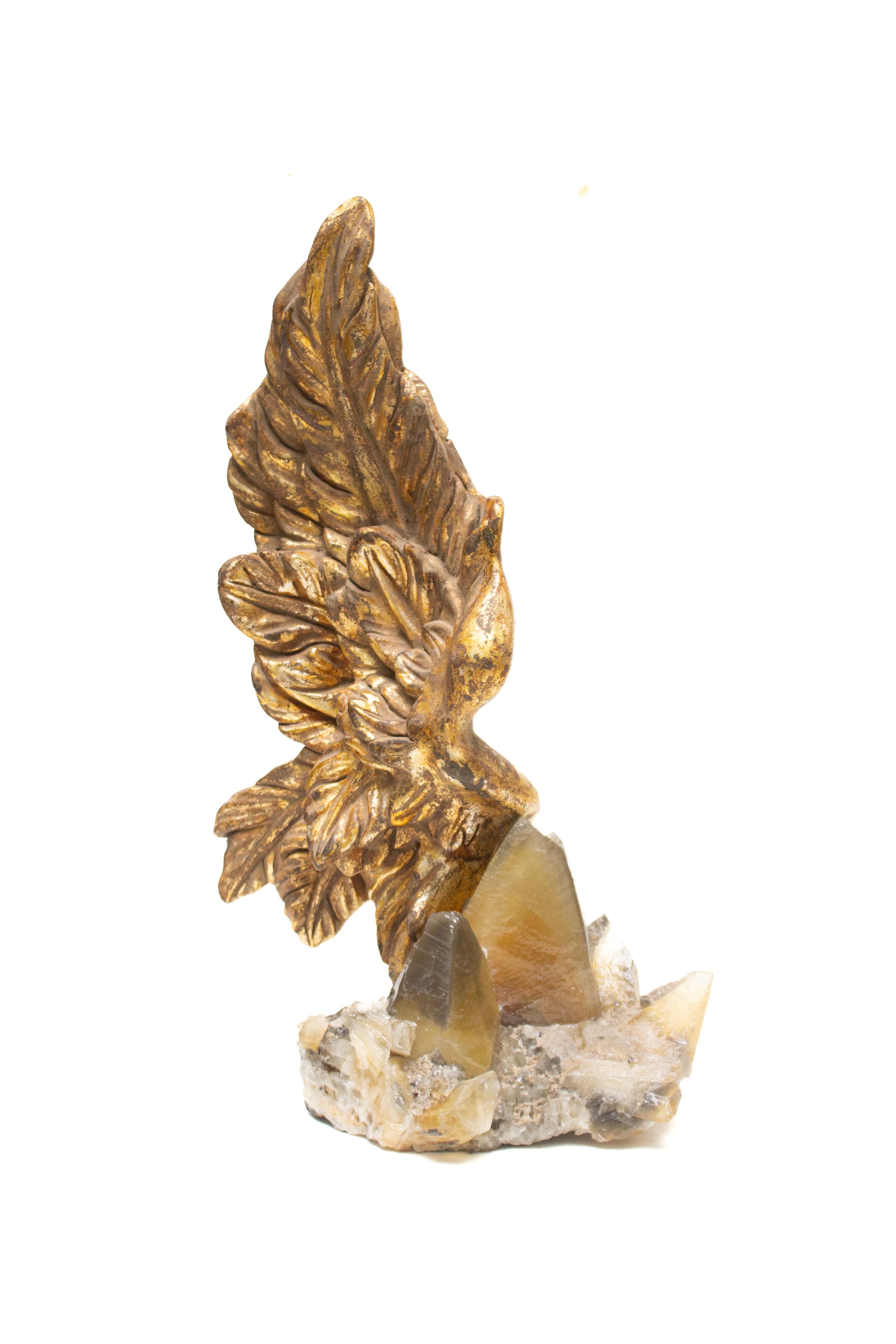 Pair of 19th Century Italian Gilded Angel Wings on Calcite Crystals in Matrix In Good Condition For Sale In Dublin, Dalkey