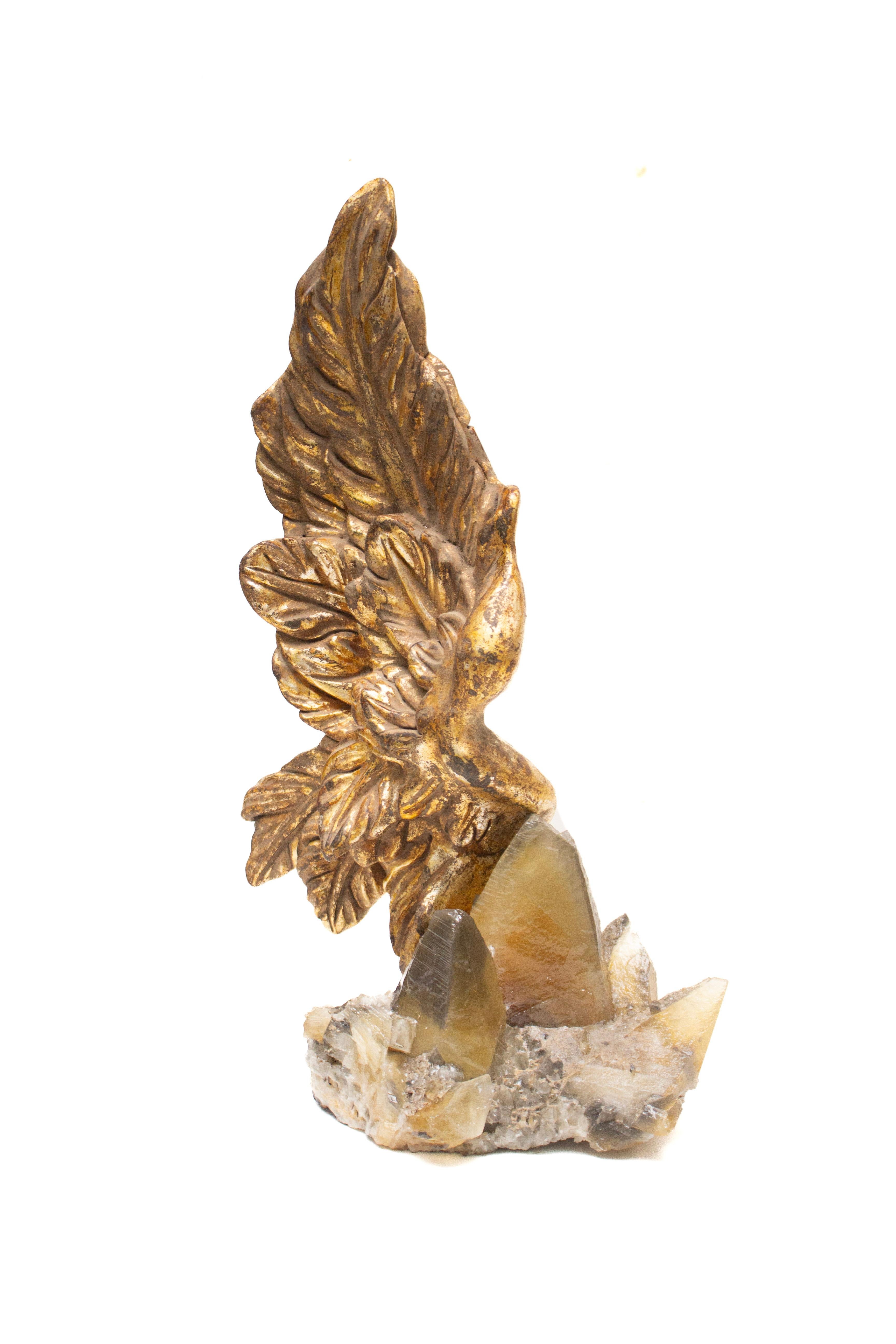 Rock Crystal Pair of 19th Century Italian Gilded Angel Wings on Calcite Crystals in Matrix For Sale