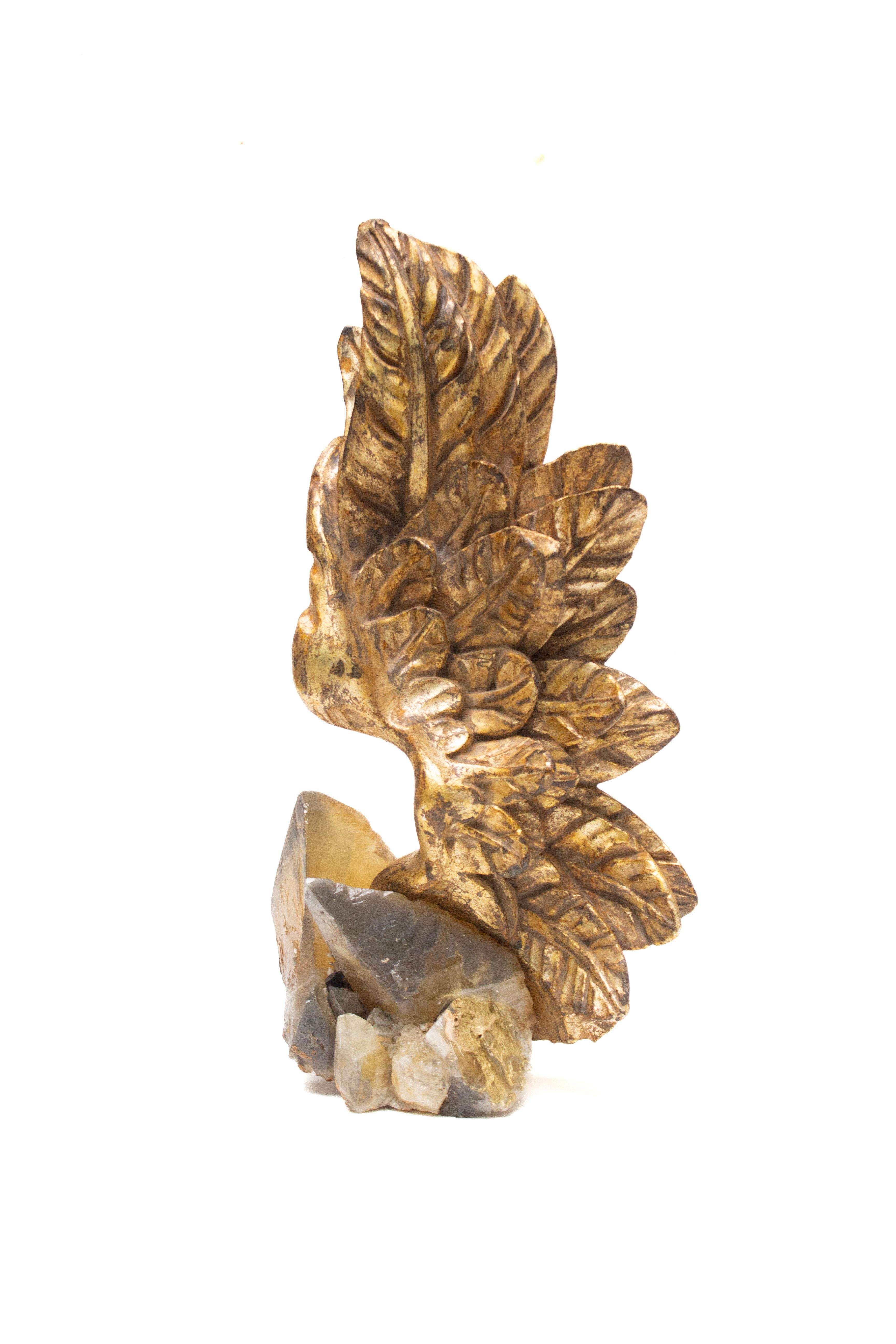 Hand-Carved Pair of 19th Century Italian Gilded Angel Wings on Calcite Crystals in Matrix For Sale