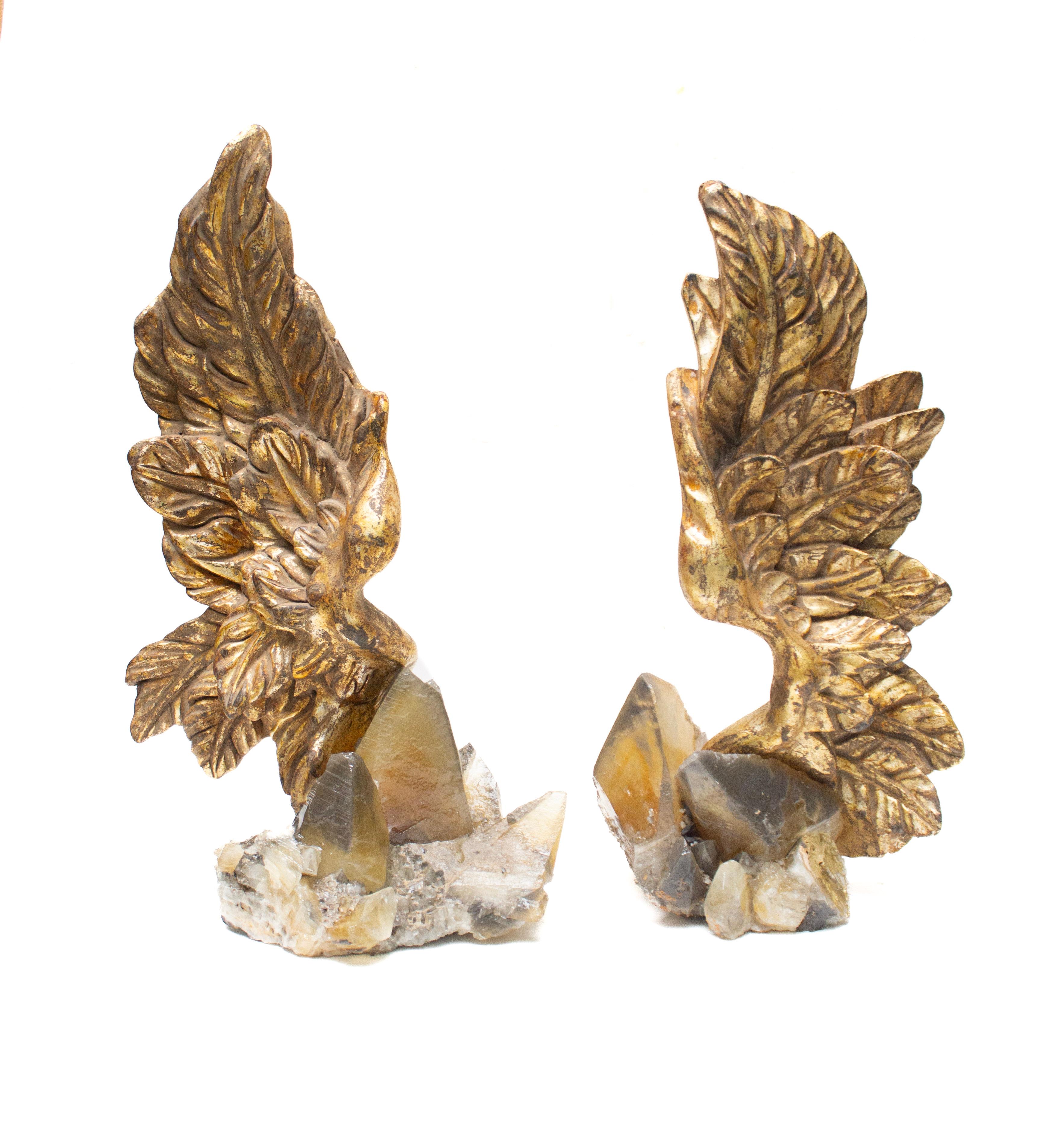 Pair of 19th Century Italian Gilded Angel Wings on Calcite Crystals in Matrix For Sale 2
