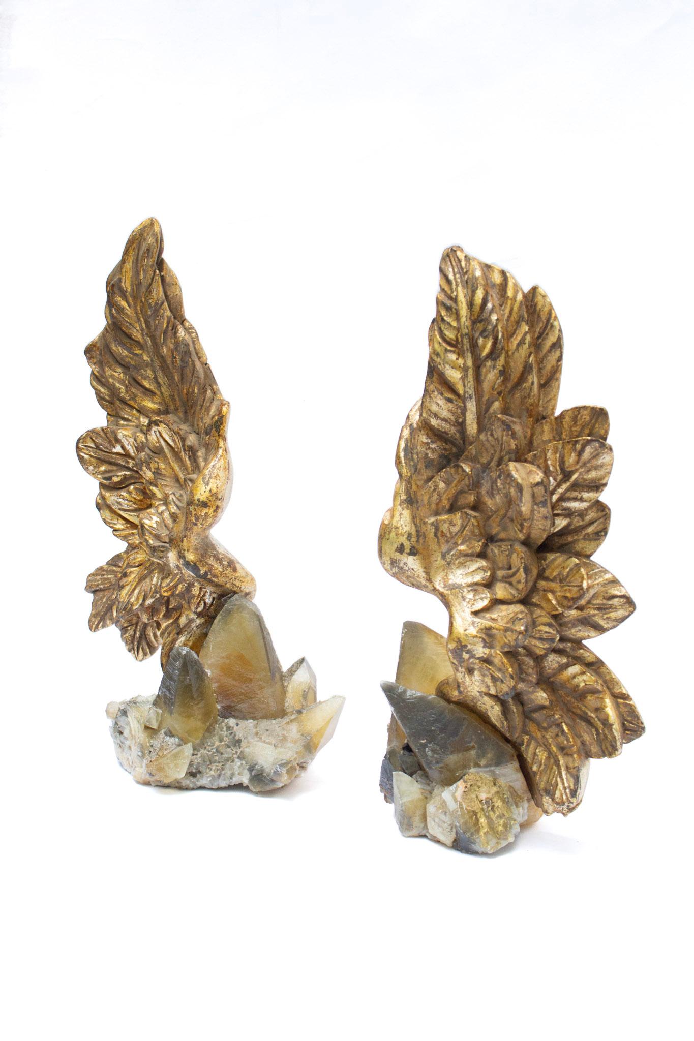 Pair of 19th Century Italian Gilded Angel Wings on Calcite Crystals in Matrix For Sale 3