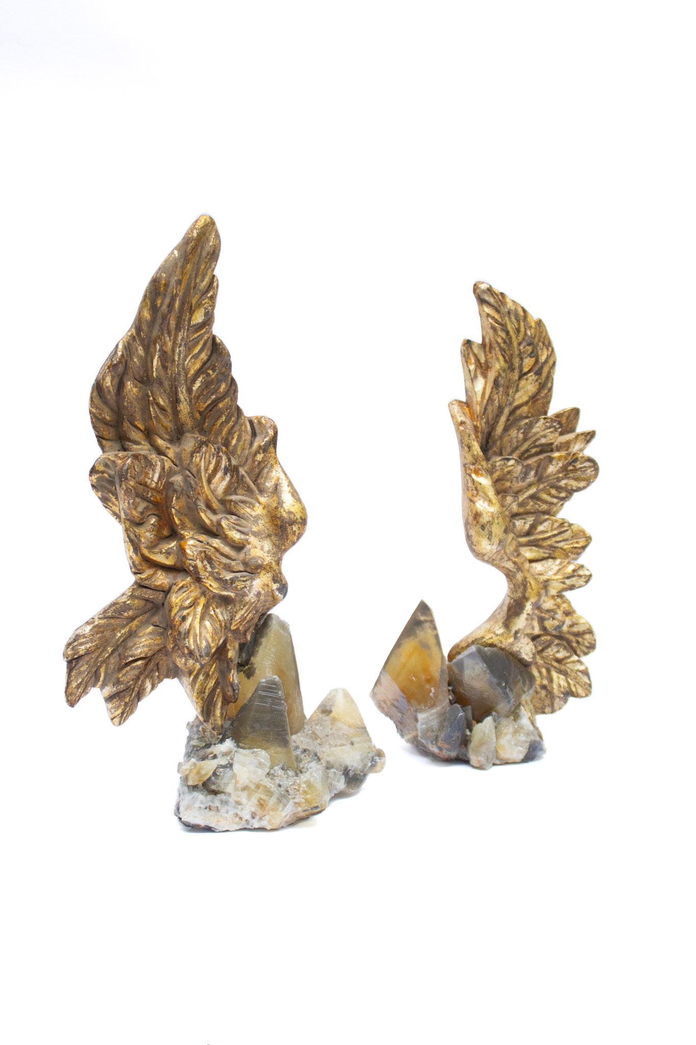 Pair of 19th Century Italian Gilded Angel Wings on Calcite Crystals in Matrix For Sale 4