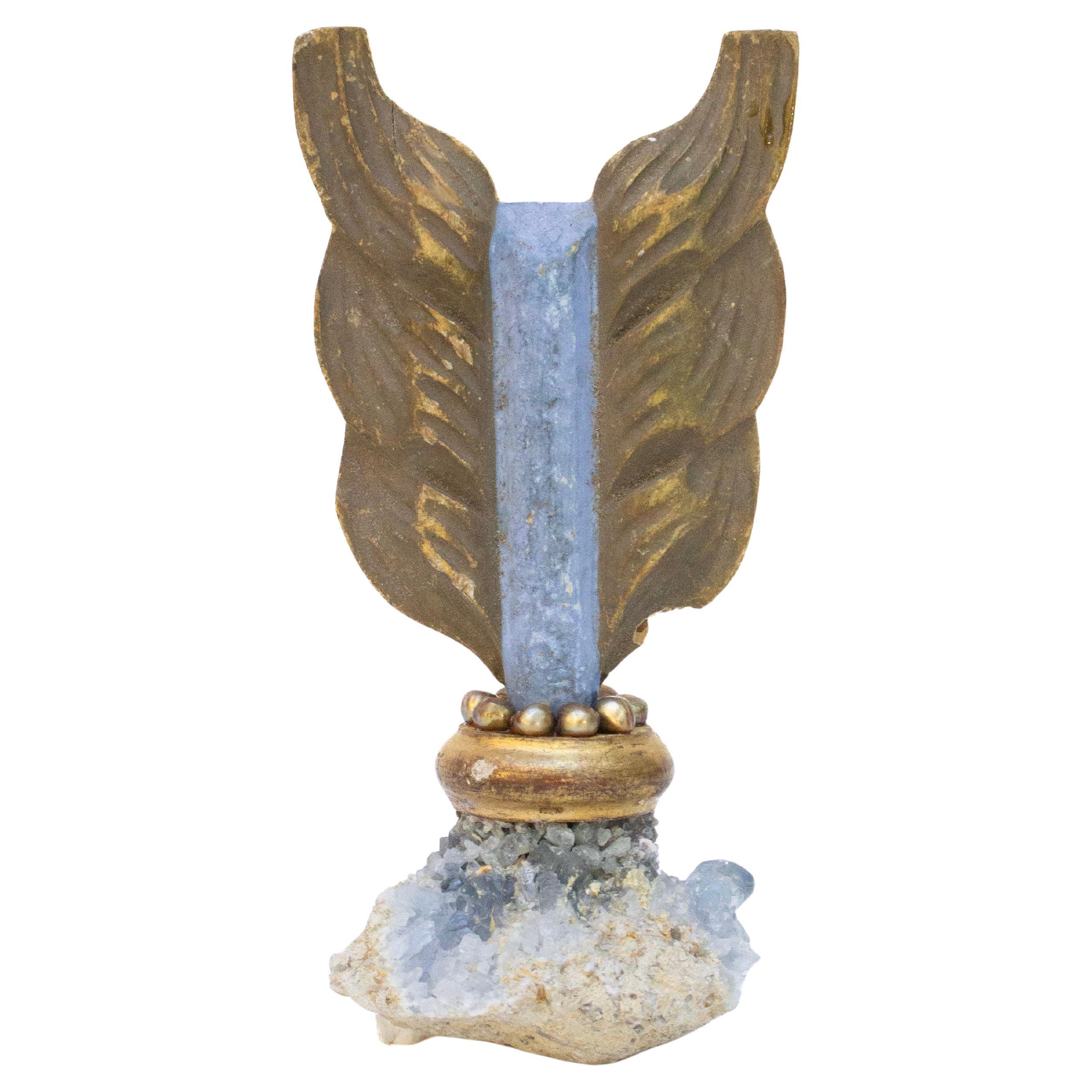 18th Century Italian Blue Gilded Arrow Celestite Cluster and Baroque Pearls