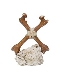 Croix sculptée de style figuratif italien du XVIIIe siècle, représentant des os croisés, posée sur un socle en corail rocheux