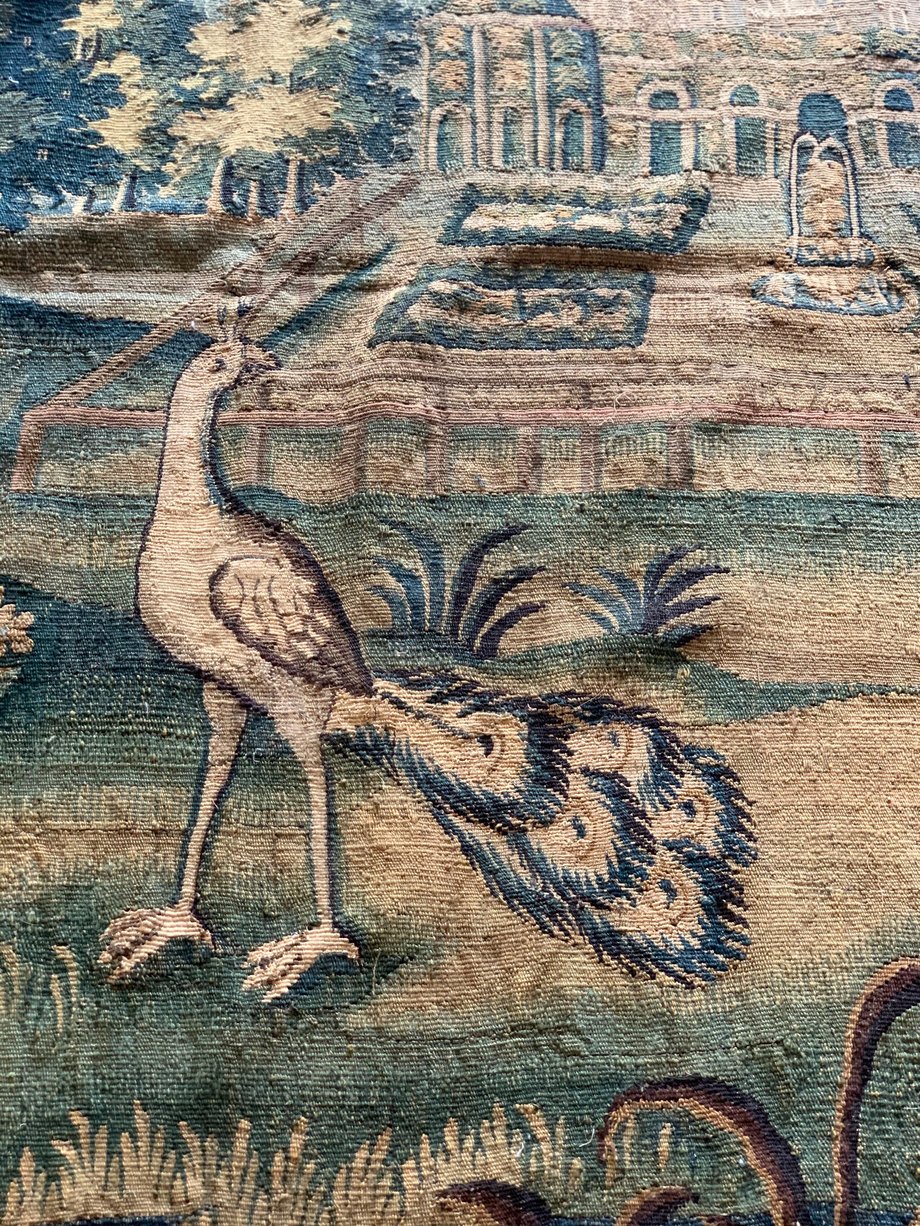 Wool 17th Century Flemish Verdure Landscape Tapestry with Peacocks