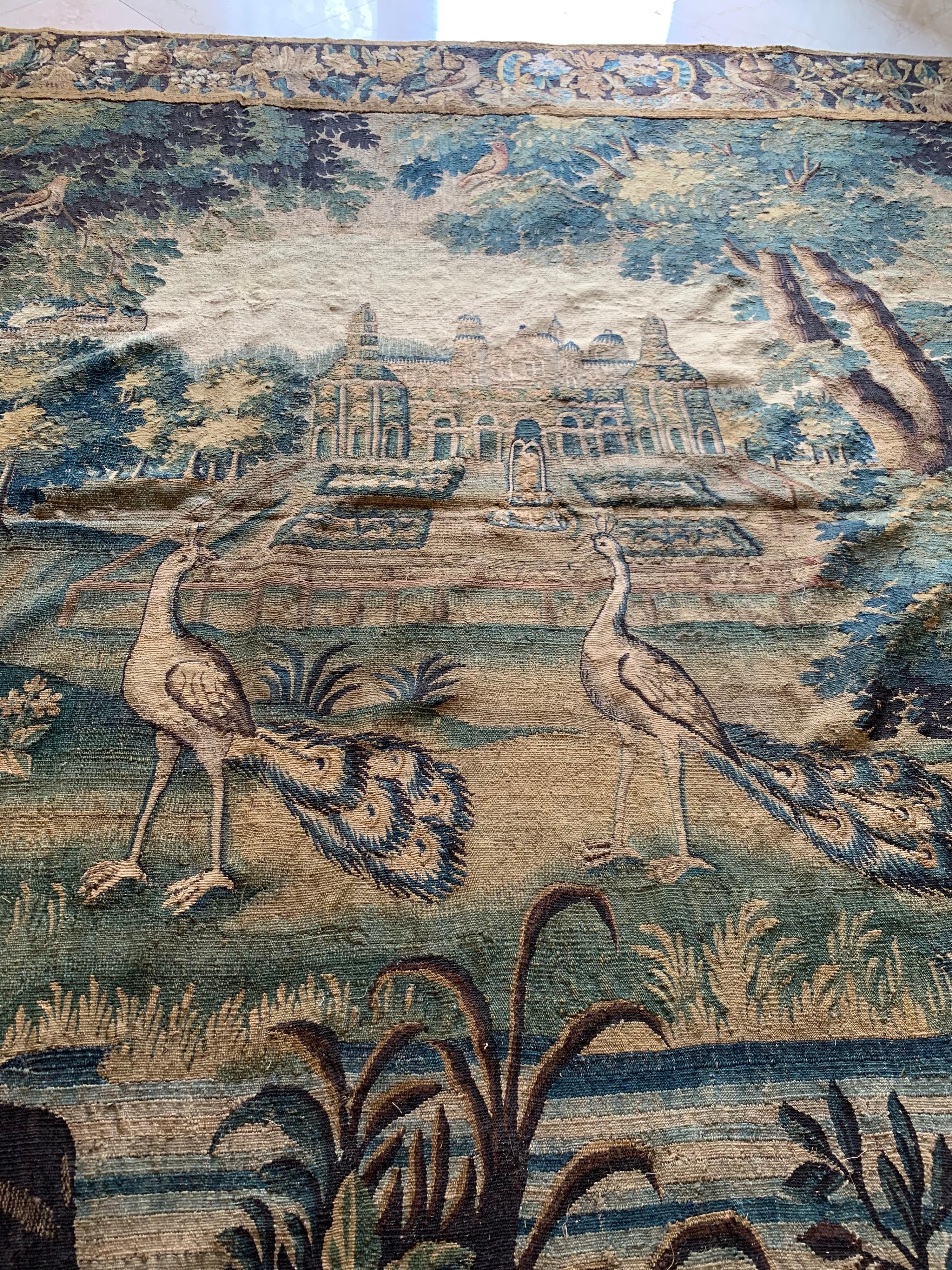 17th Century Flemish Verdure Landscape Tapestry with Peacocks 1