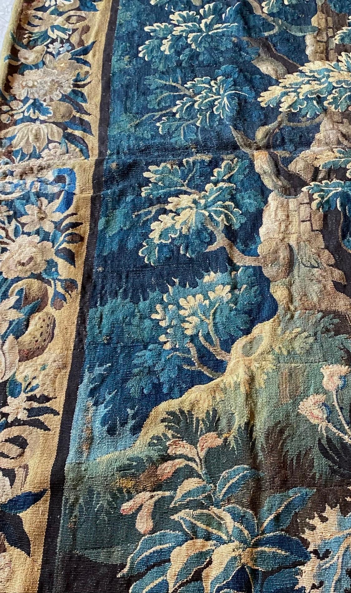 Antique Square 17th Century Flemish Verdure Landscape Tapestry with Birds 1