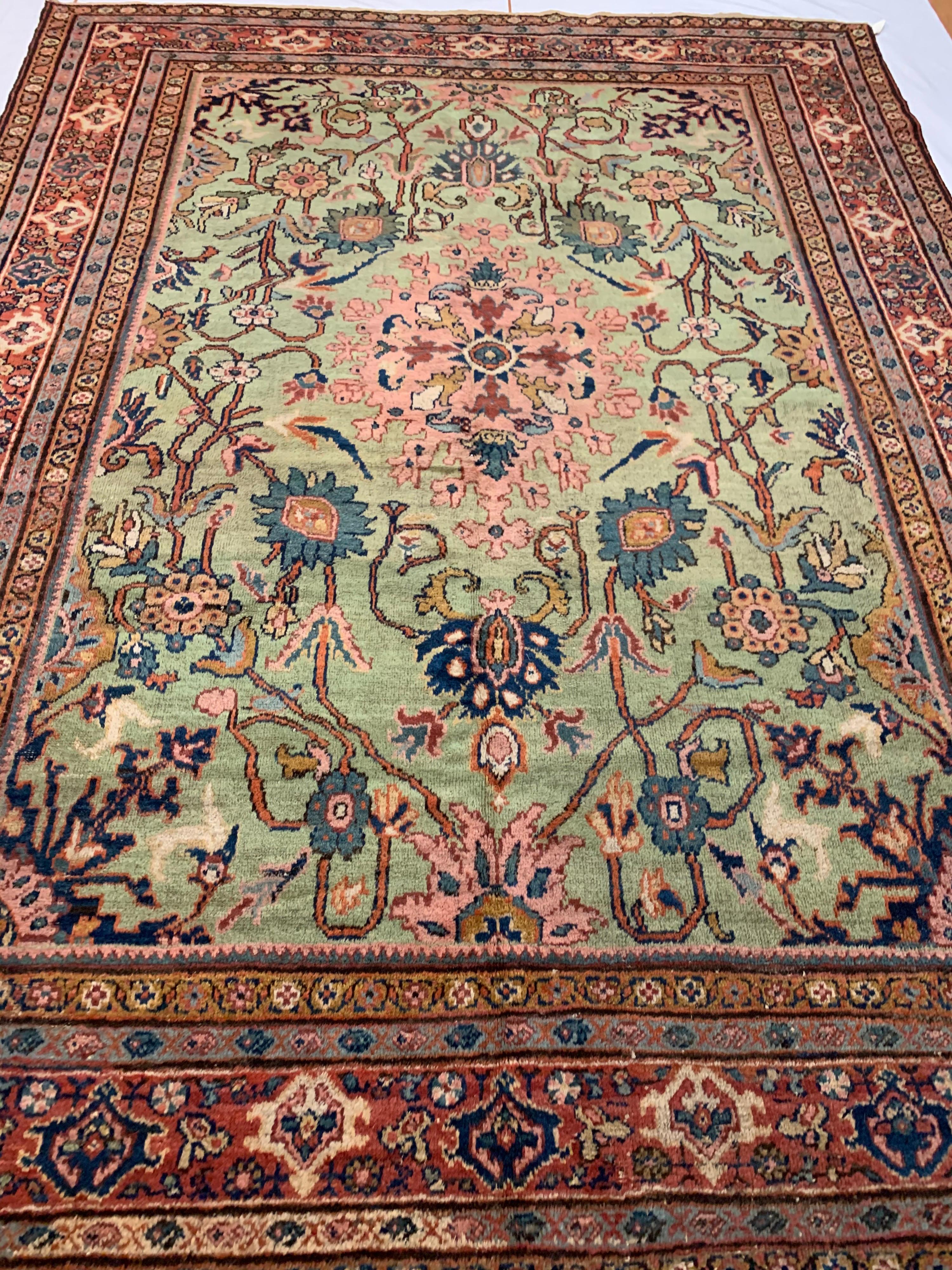 Antique Persian Light Green Floral Mahal Ziegler Area Rug In Good Condition For Sale In New York, NY